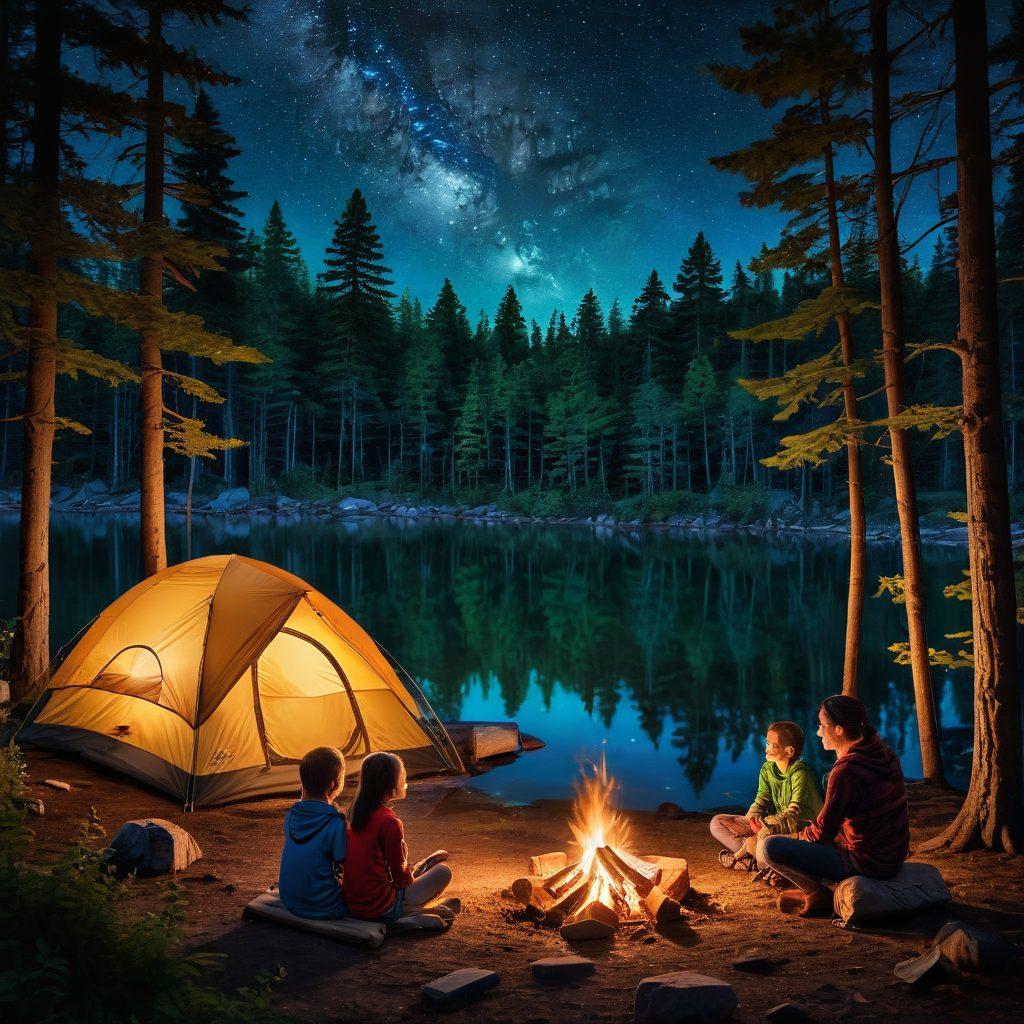 A cozy family camping scene in a lush forest, featuring a colorful tent, smiling children roasting marshmallows over a campfire, surrounded by tall trees and twinkling stars in the night sky. A nearby lake reflects the moonlight, evoking tranquility and adventure. super-realistic. vibrant colors. serene atmosphere.
