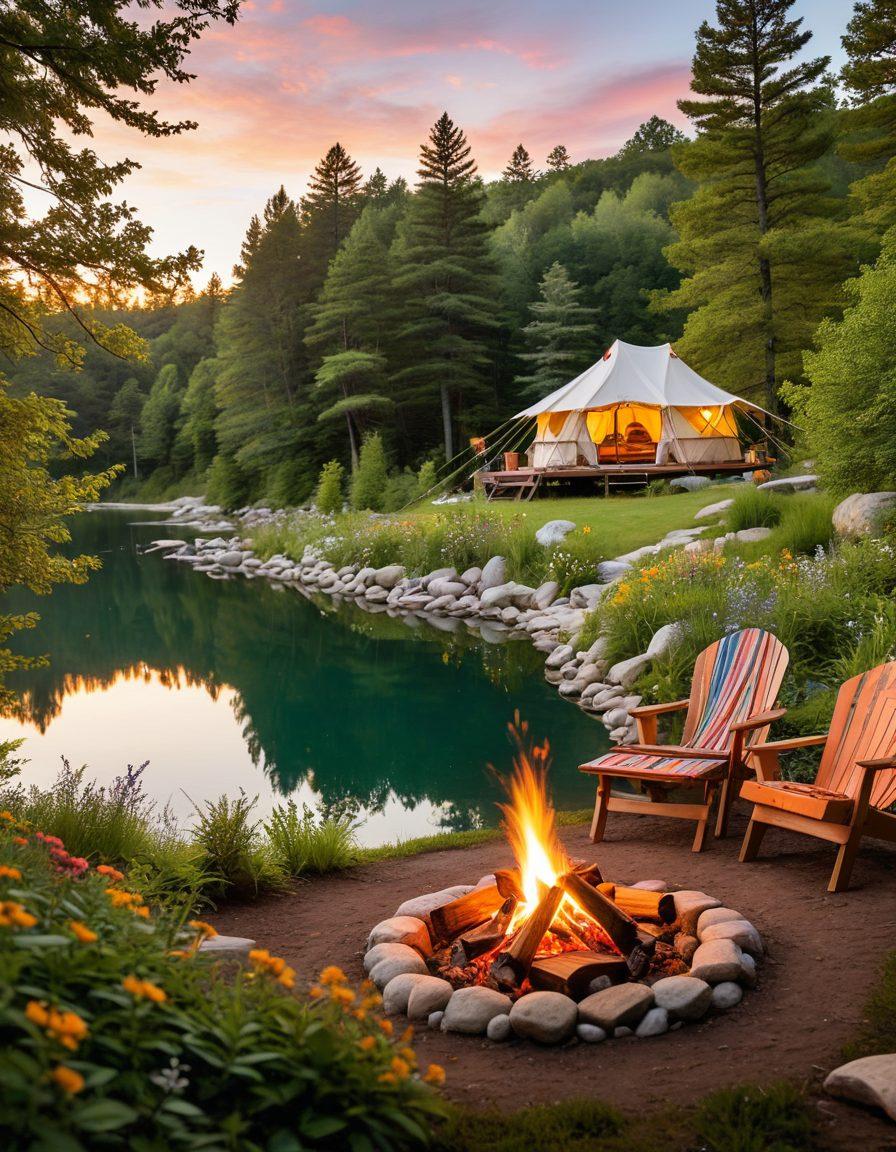 A serene campsite nestled among tall green trees, with a glamping tent adorned in fairy lights. A crackling campfire surrounded by friends enjoying laughter and s'mores, while a sparkling lake reflects the sunset. Add lush foliage, colorful wildflowers, and hiking gear scattered playfully around. Emphasize warmth and joy in the ambiance. super-realistic. vibrant colors. soft focus.