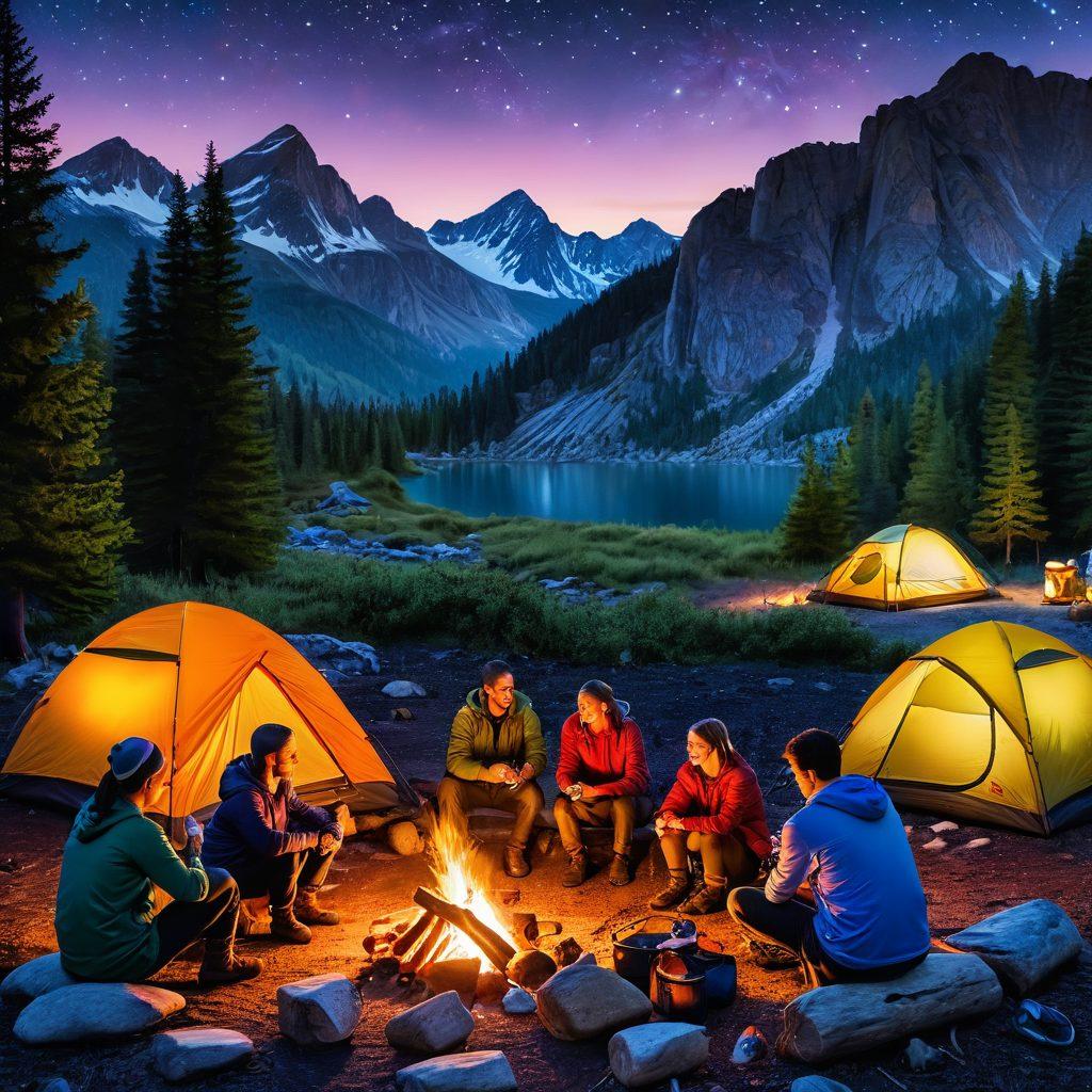 A vibrant campsite scene showcasing a cozy campfire surrounded by people cooking and sharing food, with colorful camping gear, a tent under the starlit sky, and scenic mountains in the backdrop. The atmosphere is warm and inviting, emphasizing the joy of outdoor cooking and camping adventures. super-realistic. vibrant colors. 3D.